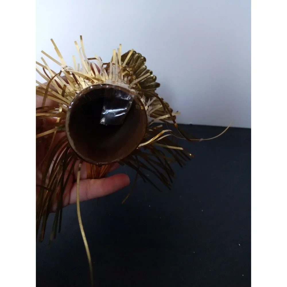 Vintage Angel tree topper Cardboard Gold wings‎ dress and plastic face Halo